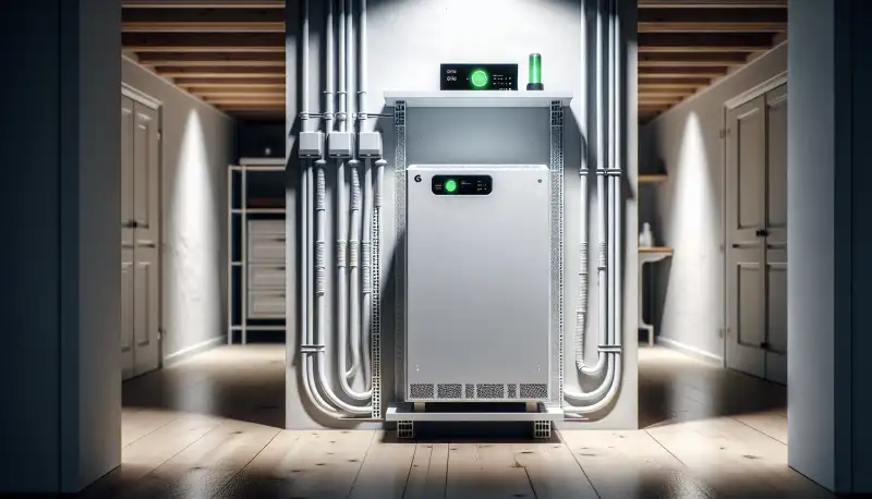 Moderner Batteriespeicher an einer Hauswand montiert, sauber verkabelt mit grüner LED-Anzeige