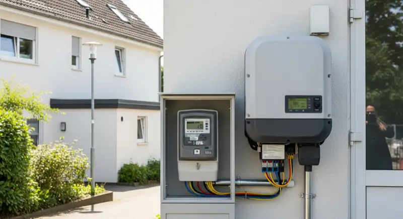 Modern German electrical meter cabinet (Zählerschrank) with smart meter and solar inverter connection, clean technical installation
