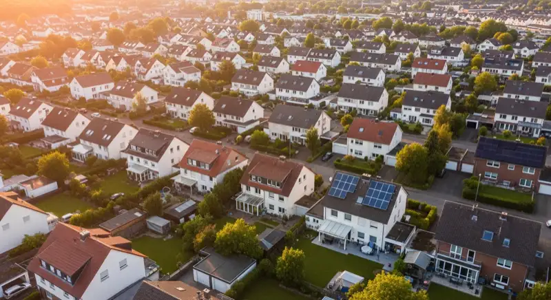 Aerial drone view of typical German residential neighborhood with mixed roof types, red and dark roof tiles, gardens visible, sunny day