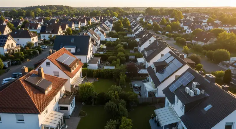 Aerial drone view of typical German residential neighborhood with mixed roof types, red and dark roof tiles, gardens visible, sunny day