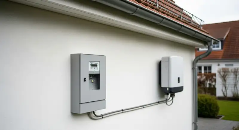 Modern German electrical meter cabinet (Zählerschrank) with smart meter and solar inverter connection, clean technical installation