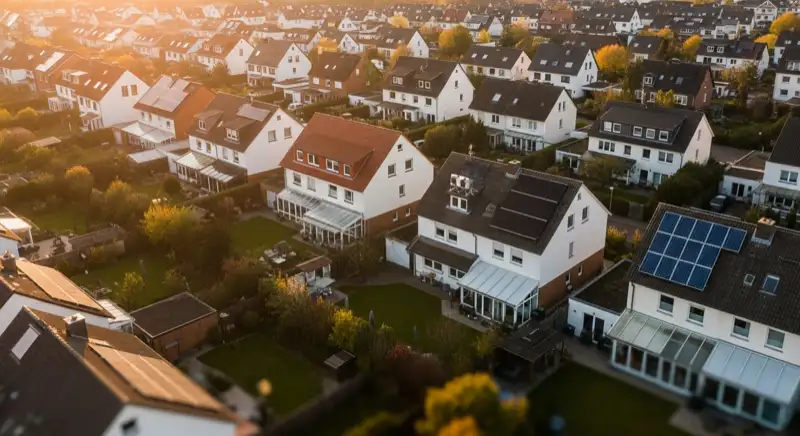Aerial drone view of typical German residential neighborhood with mixed roof types, red and dark roof tiles, gardens visible, sunny day