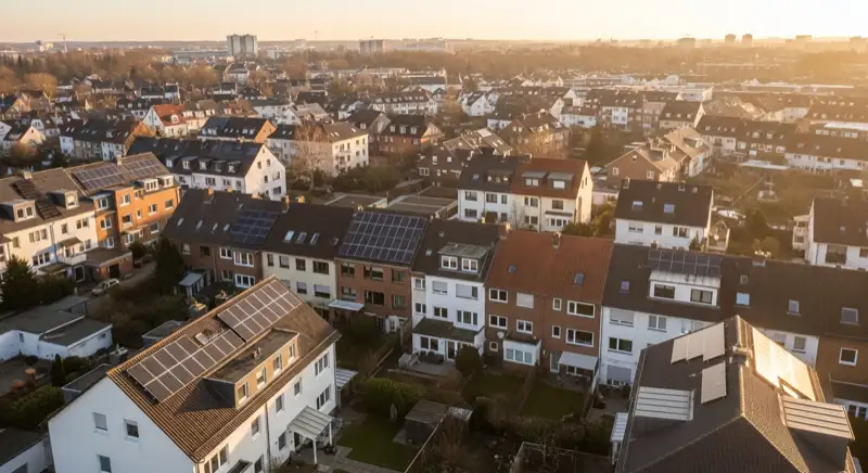 Aerial drone view of typical German residential neighborhood with mixed roof types, red and dark roof tiles, gardens visible, sunny day