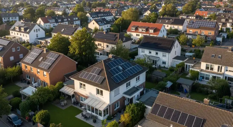 Aerial drone view of typical German residential neighborhood with mixed roof types, red and dark roof tiles, gardens visible, sunny day
