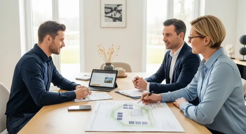 Facharbeiter bei der Montage von Solarmodulen auf einem Einfamilienhaus in Hanau mit grüner Umgebung