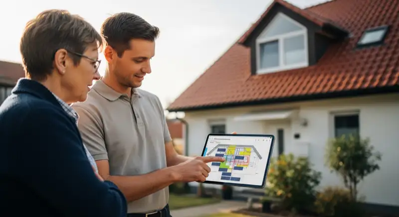 Moderner Batteriespeicher an einer Hauswand montiert, sauber verkabelt mit LED-Anzeige, im Technikraum eines Hanauer Einfamilienhauses