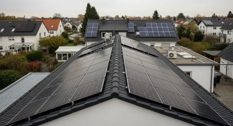 Installateur montiert Solarmodule auf Einfamilienhaus-Dach in Hannover