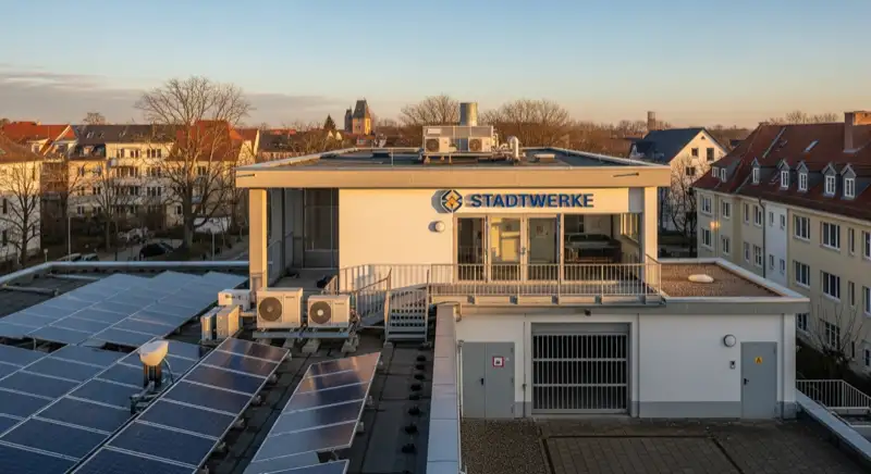 Blick auf das Stadtwerke-Gebäude in Hannover mit Service-Eingang, lokale Versorgeratmosphäre