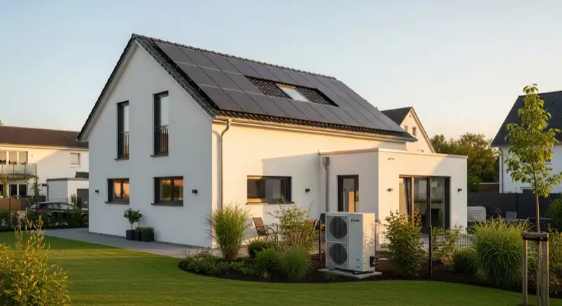 Modernes Einfamilienhaus in Hannover mit Solaranlage auf dem Dach und Wärmepumpen-Außeneinheit im Garten