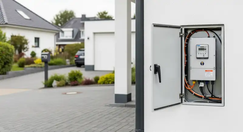 Modern German electrical meter cabinet (Zählerschrank) with smart meter and solar inverter connection, clean technical installation