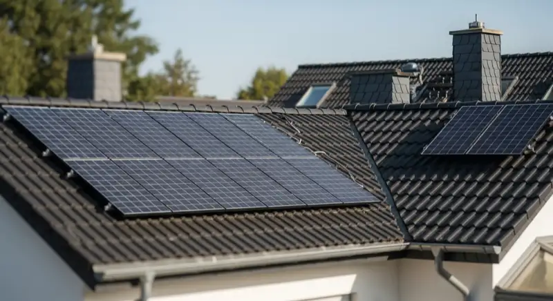 Solarinstallateure montieren Photovoltaikmodule auf Wohnhausdach in Herford