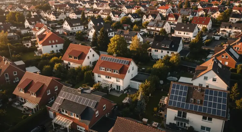 Aerial drone view of typical German residential neighborhood with mixed roof types, red and dark roof tiles, gardens visible, sunny day