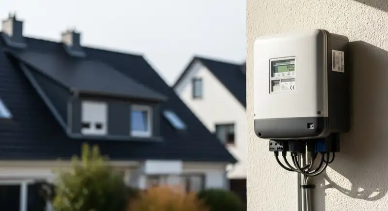 Modern German electrical meter cabinet (Zählerschrank) with smart meter and solar inverter connection, clean technical installation