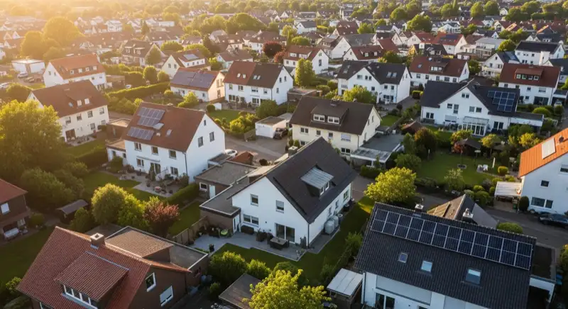 Aerial drone view of typical German residential neighborhood with mixed roof types, red and dark roof tiles, gardens visible, sunny day