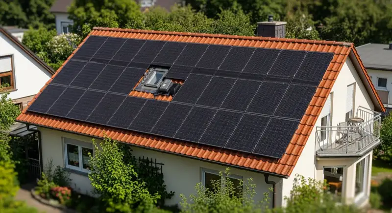 Einfamilienhaus in Hildesheim mit monokristallinen Solarmodulen auf Süddach bei 42° Dachneigung