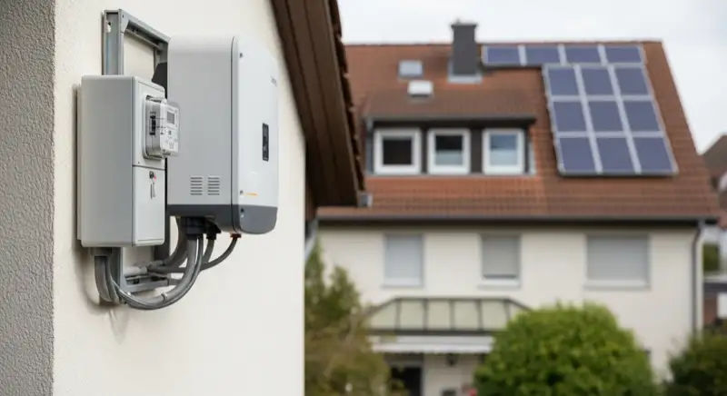 Modern German electrical meter cabinet (Zählerschrank) with smart meter and solar inverter connection, clean technical installation