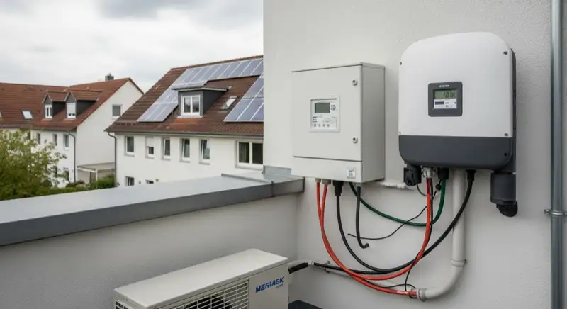 Modern German electrical meter cabinet (Zählerschrank) with smart meter and solar inverter connection, clean technical installation