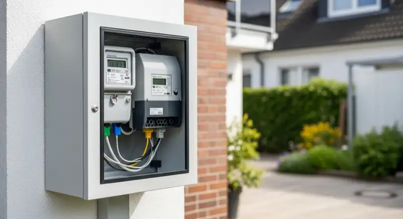 Modern German electrical meter cabinet (Zählerschrank) with smart meter and solar inverter connection, clean technical installation