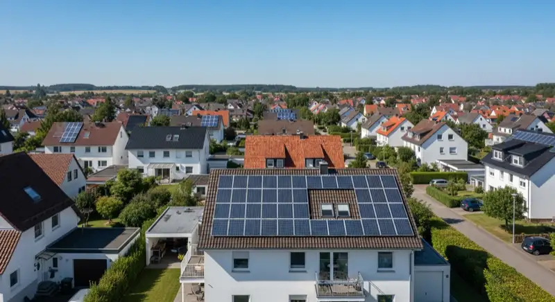 Aerial drone view of typical German residential neighborhood with mixed roof types, red and dark roof tiles, gardens visible, sunny day