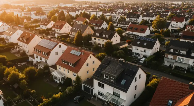 Aerial drone view of typical German residential neighborhood with mixed roof types, red and dark roof tiles, gardens visible, sunny day