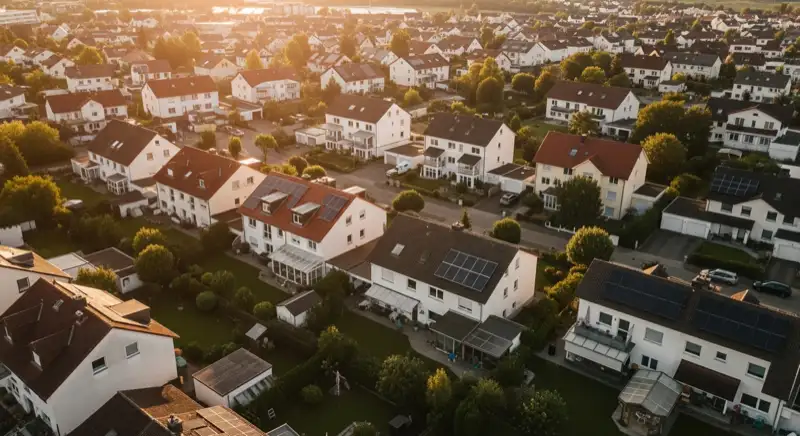 Aerial drone view of typical German residential neighborhood with mixed roof types, red and dark roof tiles, gardens visible, sunny day