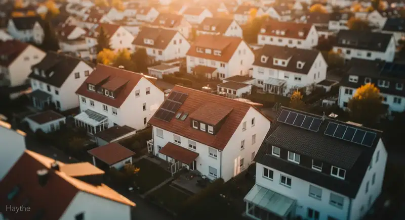 Aerial drone view of typical German residential neighborhood with mixed roof types, red and dark roof tiles, gardens visible, sunny day