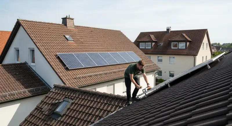 Solarteur bei der Dachinspektion auf einem Einfamilienhaus in Hof mit Messgerät