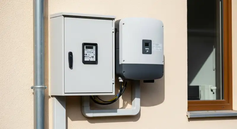 Modern German electrical meter cabinet (Zählerschrank) with smart meter and solar inverter connection, clean technical installation
