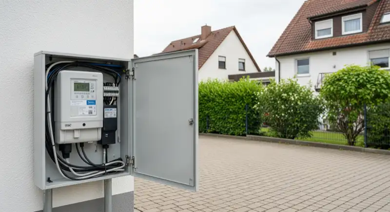 Modern German electrical meter cabinet (Zählerschrank) with smart meter and solar inverter connection, clean technical installation
