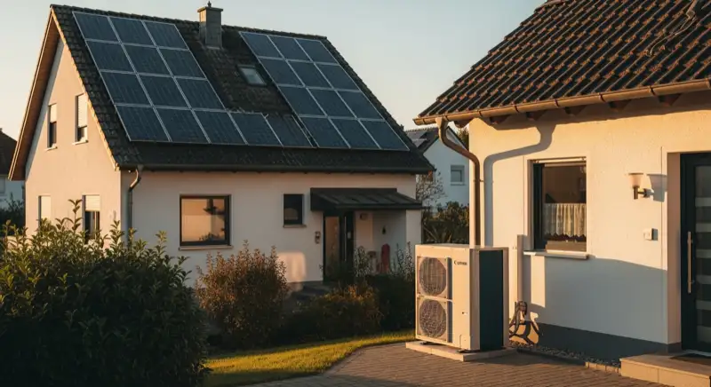 Wärmepumpen-Außeneinheit vor Hofer Einfamilienhaus mit Solaranlage auf dem Dach