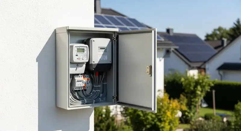 Modern German electrical meter cabinet (Zählerschrank) with smart meter and solar inverter connection, clean technical installation