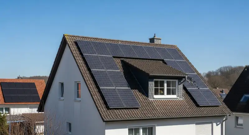 Hofheimer Einfamilienhaus mit geneigtem Ziegeldach und Solarmodulen