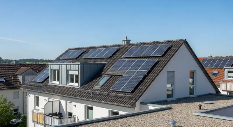 Installateur prueft Dachflaeche an einem Wohnhaus in Hofheim am Taunus