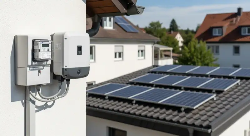 Modern German electrical meter cabinet (Zählerschrank) with smart meter and solar inverter connection, clean technical installation