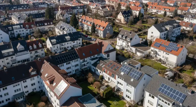 Aerial drone view of typical German residential neighborhood with mixed roof types, red and dark roof tiles, gardens visible, sunny day