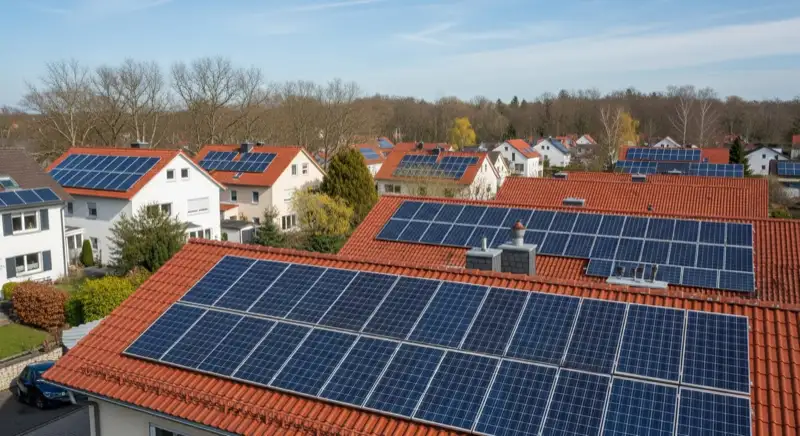 Aerial drone view of typical German residential neighborhood with mixed roof types, red and dark roof tiles, gardens visible, sunny day