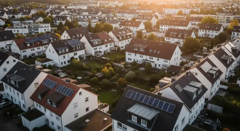 Aerial drone view of typical German residential neighborhood with mixed roof types, red and dark roof tiles, gardens visible, sunny day