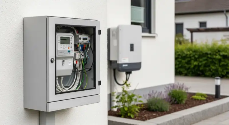 Modern German electrical meter cabinet (Zählerschrank) with smart meter and solar inverter connection, clean technical installation