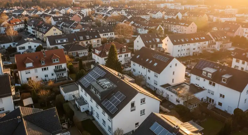 Aerial drone view of typical German residential neighborhood with mixed roof types, red and dark roof tiles, gardens visible, sunny day