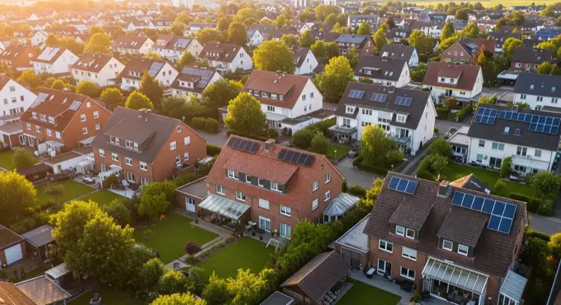 Aerial drone view of typical German residential neighborhood with mixed roof types, red and dark roof tiles, gardens visible, sunny day