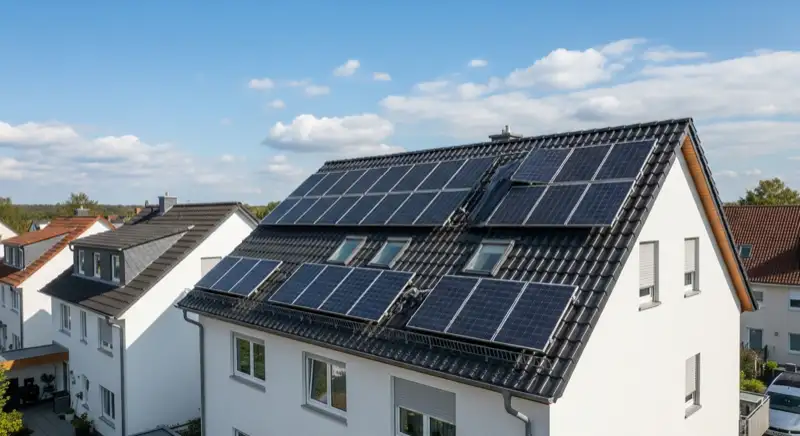 Einfamilienhausdach mit Solarmodulen in einer Hoyerswerdaer Wohnstraße
