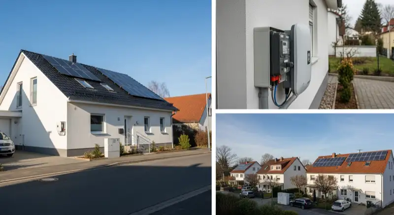 Modern German electrical meter cabinet (Zählerschrank) with smart meter and solar inverter connection, clean technical installation