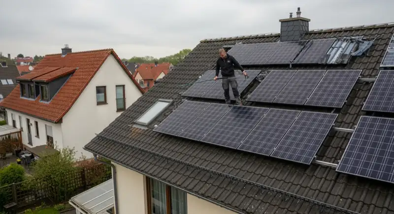 Installateur montiert Solarmodule auf einem Hausdach im Wohnumfeld von Hoyerswerda