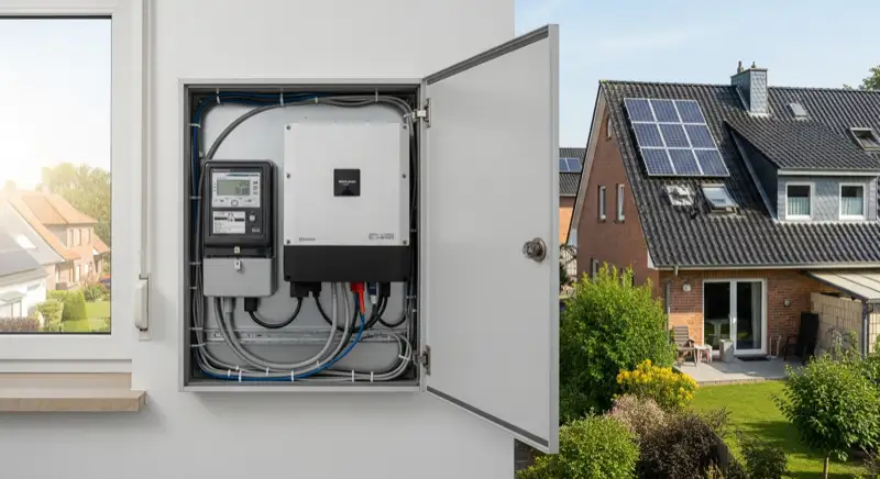 Modern German electrical meter cabinet (Zählerschrank) with smart meter and solar inverter connection, clean technical installation