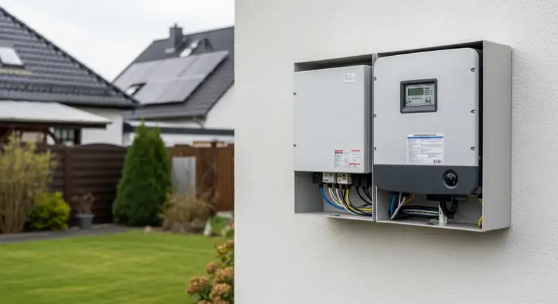 Modern German electrical meter cabinet (Zählerschrank) with smart meter and solar inverter connection, clean technical installation
