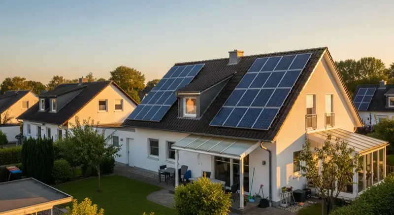 German detached house (Einfamilienhaus) with photovoltaic panels on pitched roof, well-maintained garden, warm afternoon sunlight