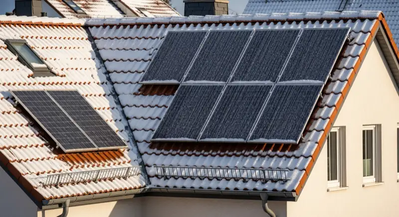 Verschneites Schrägdach mit Solarmodulen im Thüringer-Wald-Umfeld bei Ilmenau