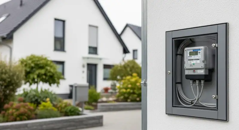 Modern German electrical meter cabinet (Zählerschrank) with smart meter and solar inverter connection, clean technical installation