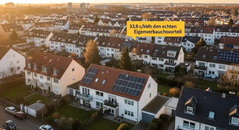 Aerial drone view of typical German residential neighborhood with mixed roof types, red and dark roof tiles, gardens visible, sunny day
