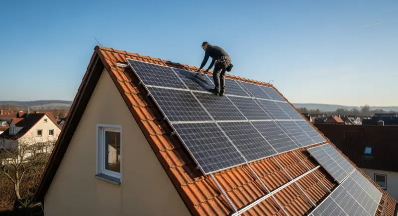 Installateur montiert Solarmodule auf einem steilen Dach in Ilmenau bei klarer Witterung
